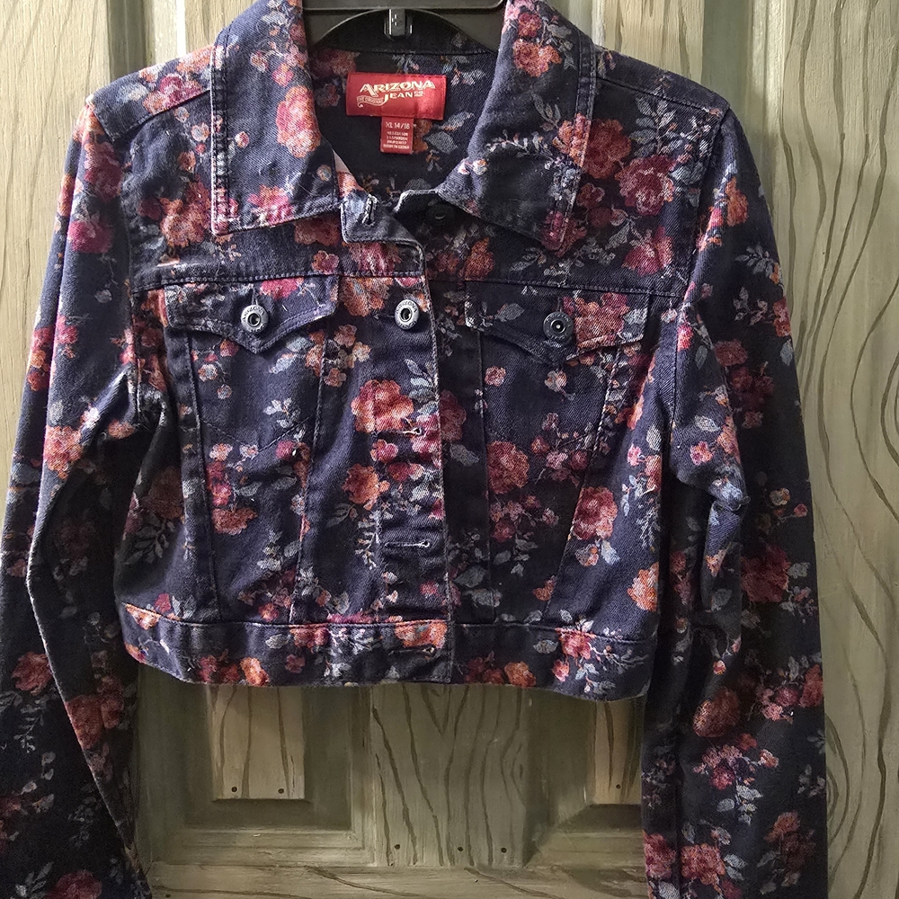 Arizona Jean Company Kids Floral Jean Jacket - Dark Blue and Red